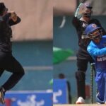 Hasan smashes a six off his father Nabi’s first delivery