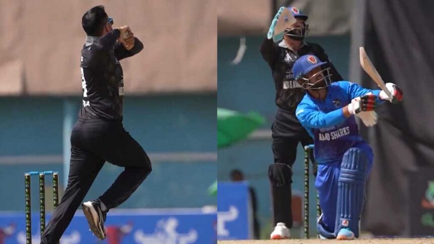 Hasan smashes a six off his father Nabi’s first delivery