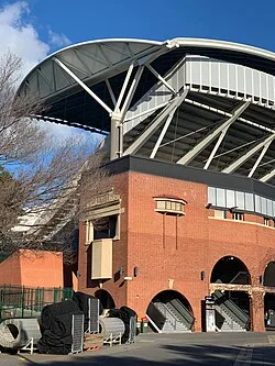 Adelaide Oval's Western Stand was redeveloped in 2010, retaining significant portions of the George Giffen stand (1882), Sir Edwin Smith stand (1922) and Mostyn Evan stand (1920s) structural facades.