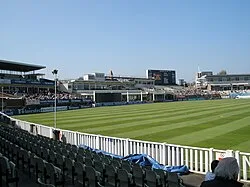 Edgbaston in 2008: the former Pavilion, Leslie Deakins and R. V. Ryder Stands, all now demolished
