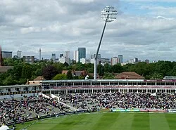 The Raglan and R. E. S. Wyatt Stands, with Birmingham City Centre in the distance