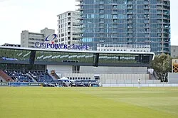 The new grandstand that was constructed in the redevelopment, also the headquarters of Cricket Victoria.