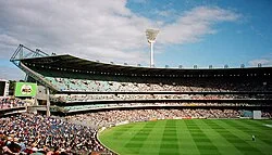 View of the Great Southern Stand during the 1998 Boxing Day Test match. The Olympic Stand is visible at the bottom left of the photo.