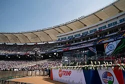 The stadium during the Namaste Trump event, as US president Donald Trump gives a speech
