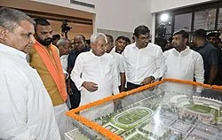 Bihar Chief Minister Nitish Kumar, Deputy Chief Minister Samrat Chaudhary and Minister Jayant Raj Kushwaha overseeing various construction works at Rajgir Sports Complex on 29 August 2024.