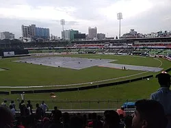 The play came to a halt when the pitch was covered as it was raining during Bangladesh vs New Zealand, first ODI, New Zealand tour of Bangladesh, 2023.