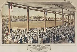 Cricket match, England eleven v Twenty-two of New South Wales, Sydney, 1862. Watercolour by S. T. Gill.