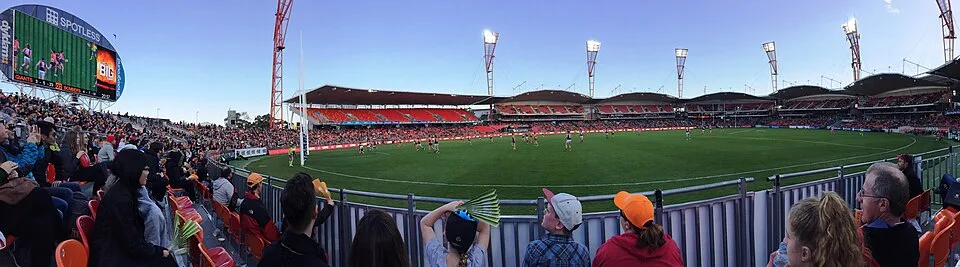 Panoramic view of the stadium for an Australian rules football match.
