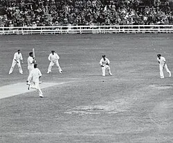 Players and spectators during a cricket match at the TCA Ground, 1951