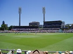 The WACA facing north, showing the Inverarity Stand (left) and the Prindiville Stand (right)